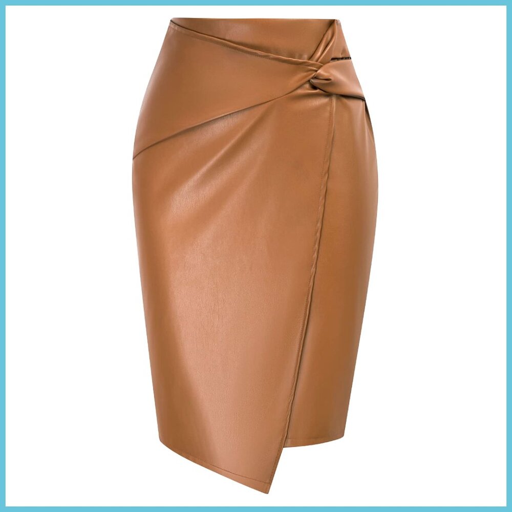 Faux Leather High Waist Wrap Midi Pencil Skirt for Business Casual